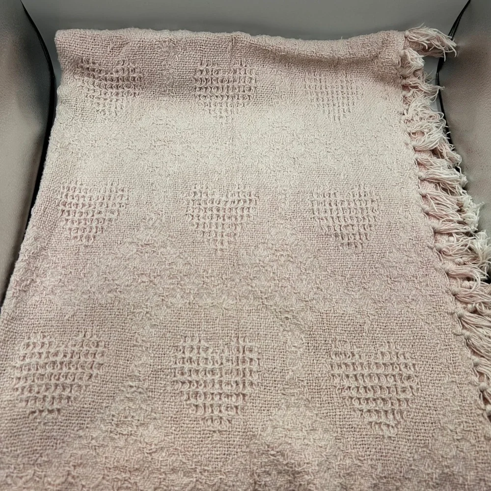 Throw Blanket Pink Heart Pattern Tassel Fringe EUC 52